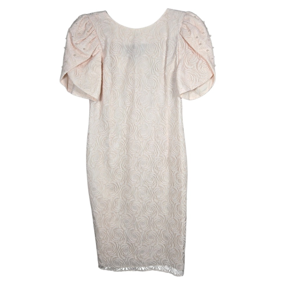 Vtg 80s Pink Lace Sheath Dress Womens 8 Pearl Puff Sleeve USA Made Coquette